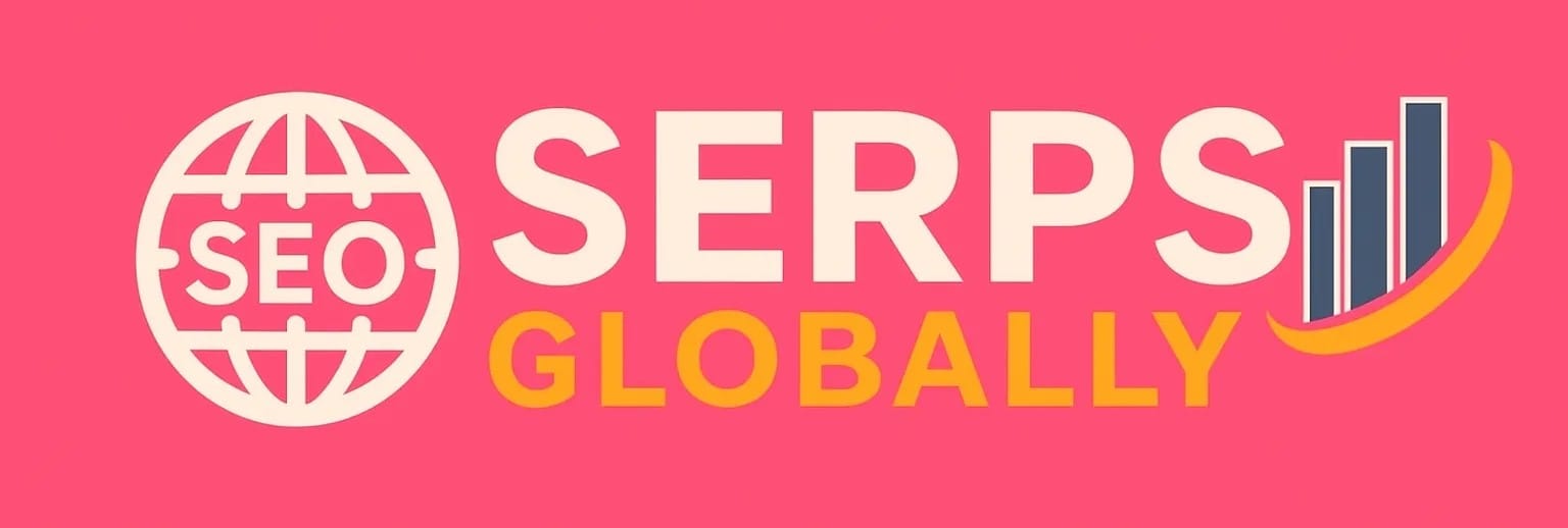 SERPS Globally logo with SEO globe icon and growth chart on pink background