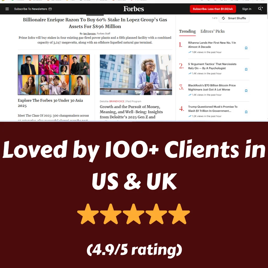 Forbes website screenshot with a client rating banner stating "Loved by 100+ Clients in US & UK - 4.9/5 Rating with 5 Stars"