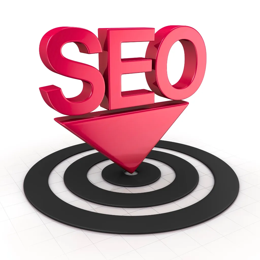 Red 3D SEO arrow pointing down toward a black target symbol, representing website optimization and ranking focus.